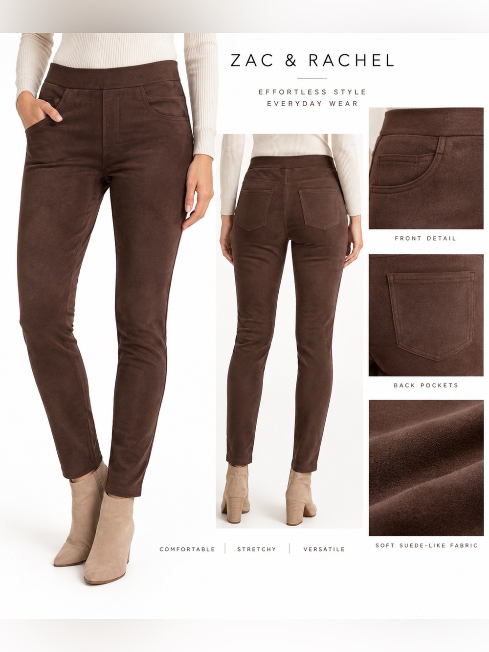 NWT Zac & Rachel Brown Faux Suede Skinny Pants Women’s Large Stretch Chocolate
